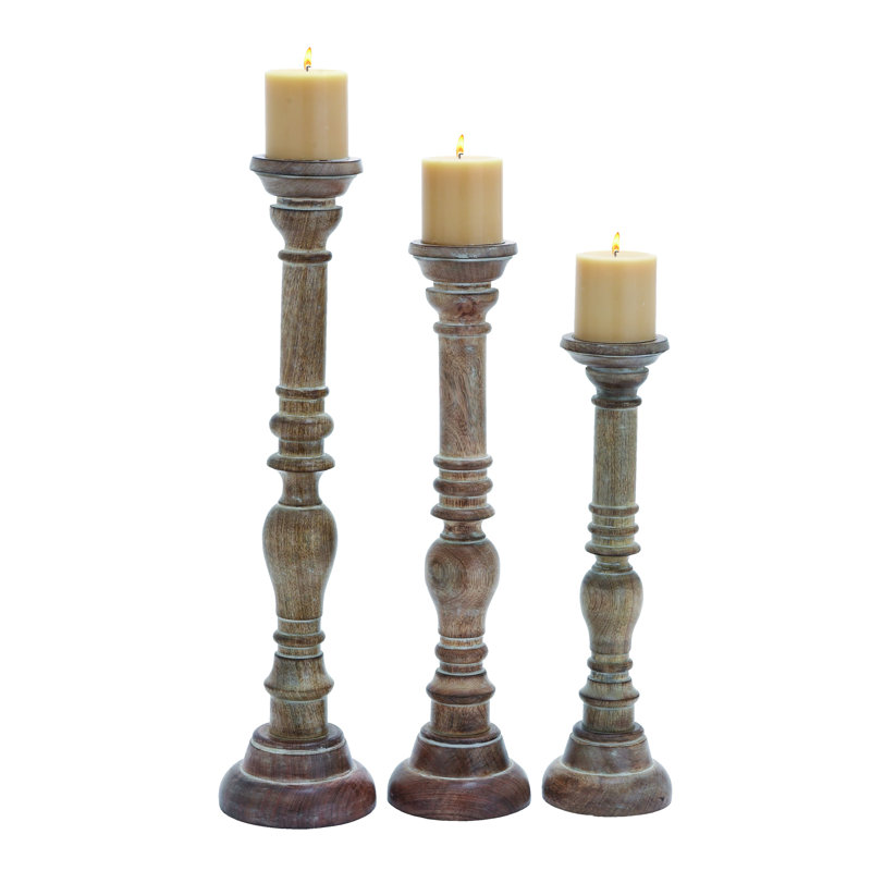 Rustic Brown Mango Wood Pillar Candle Holders, Set of 3