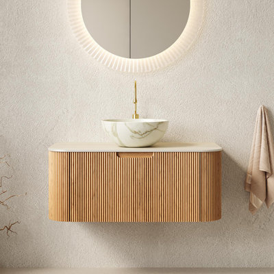 Meuble-lavabo flottant 36 po avec lavabo, meuble-lavabo mural rayé à bord courbé 36 po, comptoir en pierre frittée en travertin, vasque en céramique, finition bois naturel