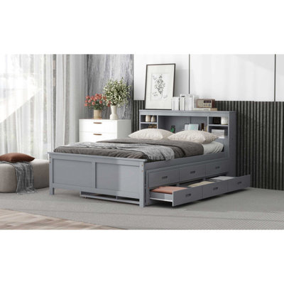 Lit double avec rangement pour tête de lit, lit gigogne simple et 3 tiroirs gris