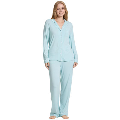  Women Pajama Sets Bathrobe Bamboo Long Sleeve Sleepwear Super-Soft Comfy Button Down Lounge Sleep Cooling Pjs Light Blue XL