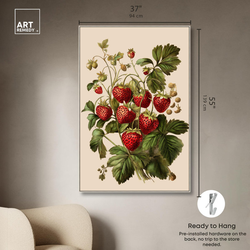 Strawberry Softness I, impressions sur toile par Art Remedy, H 55 po x l 37 po, Cadre flottant argenté