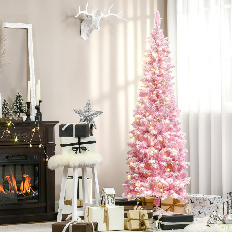 Arbre de Noël artificiel enneigé 6 pi avec forme de crayon, branches de pin réalistes, lumières DEL chaudes, ouverture automatique