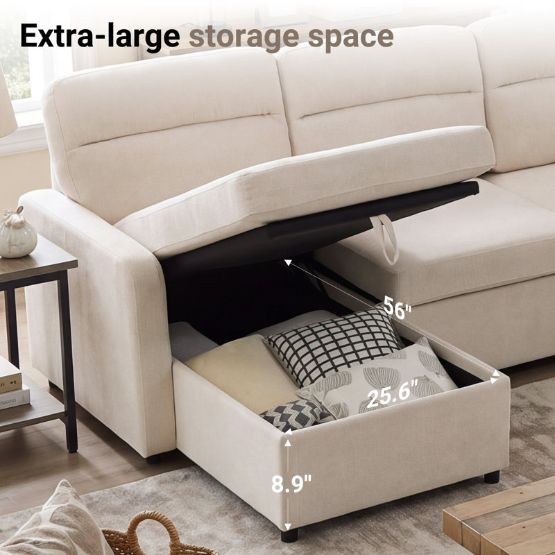 91''W Chenille Convertible L-Shaped Sectional Sofa Bed With Storage Two Pillows, Beige Chenille