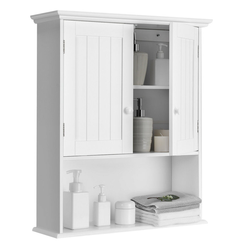 Dalila Modern Wall-Mounted Bathroom Storage Cabinet with Double Doors and Open Shelf, White
