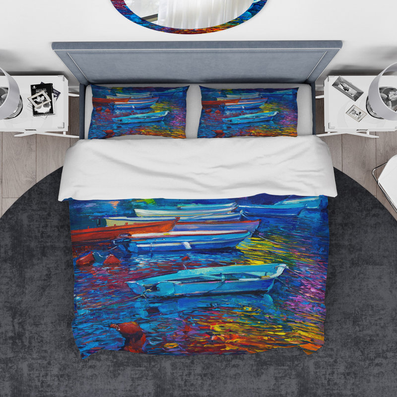 Ensemble de housse de couette Designart Voiliers et mer, Housse de couette très grand + 2 taies décoratives
