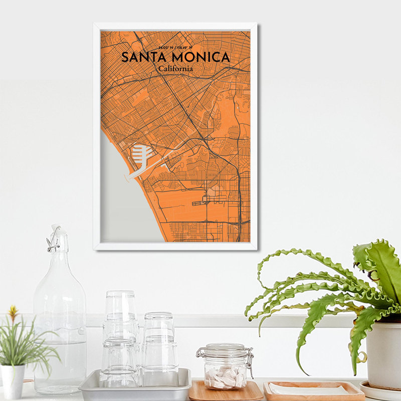 Santa Monica, carte de la ville, impression, H 27,6 po x l 19,7 po, Orange / gris