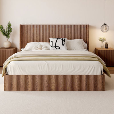 King Size Hydraulic Lift Storage Bed - Rustic Brown Wood Platform Bed Frame with 1000lb Capacity, No Box Spring Needed, American Artsy Design