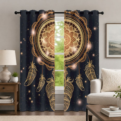 2 pièces rideaux à motif attrape-rêves doré, rideaux de fenêtre de style bohémien, fond foncé avec plumes et panneaux à œillets imprimés, décoration intérieure pour le salon de la chambre à coucher