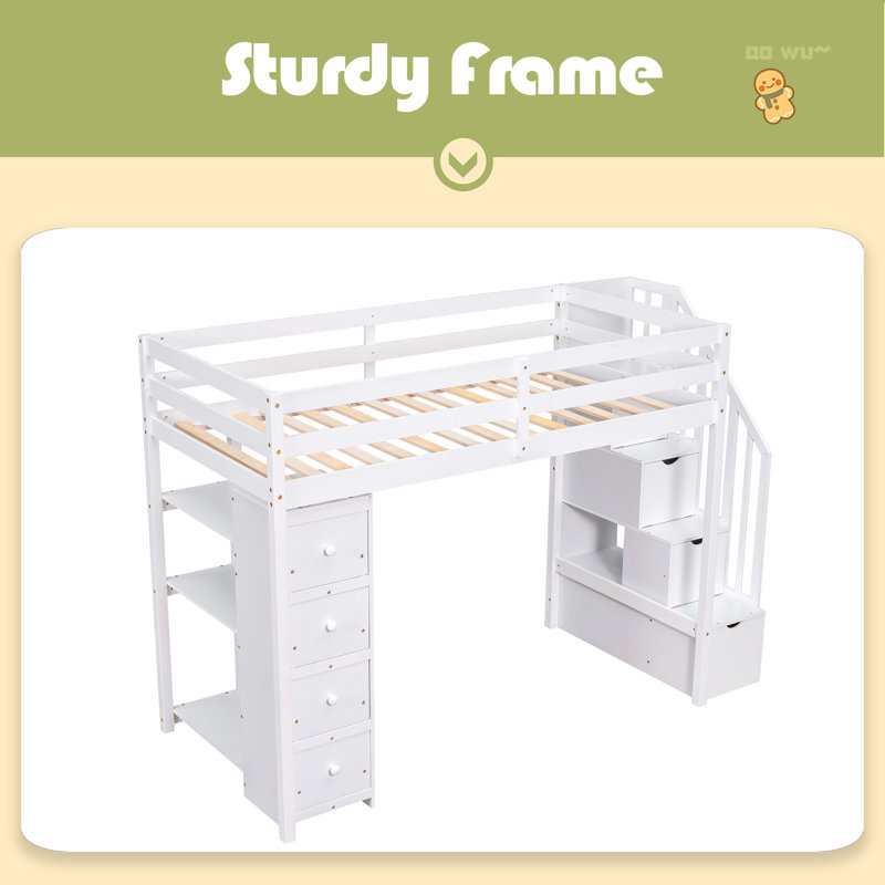 Twin Size Loft Bed With Storage Drawers And Stairs, Wooden Loft Bed With Shelves, White