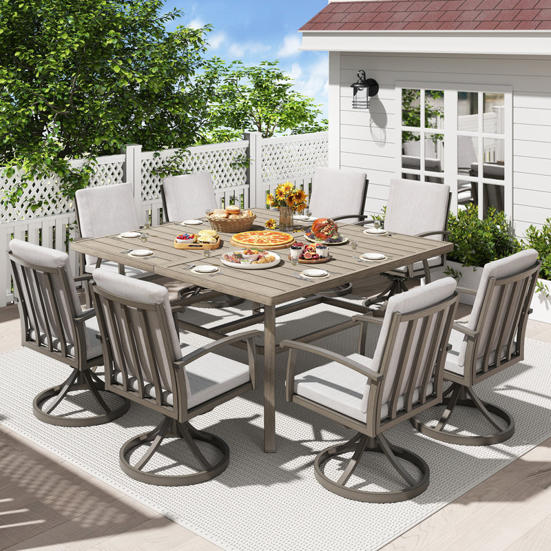 Moffett 9-Piece Gray Aluminum Patio Dining Set With 8 Swivel Dining Chairs And Washable Light Gray Cushions