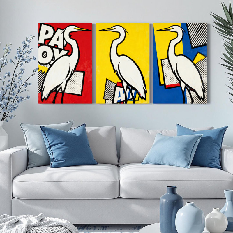 Ensemble de 3 tableaux muraux pop art représentant un héron sur toile tendue, H 36 po x l 72 po