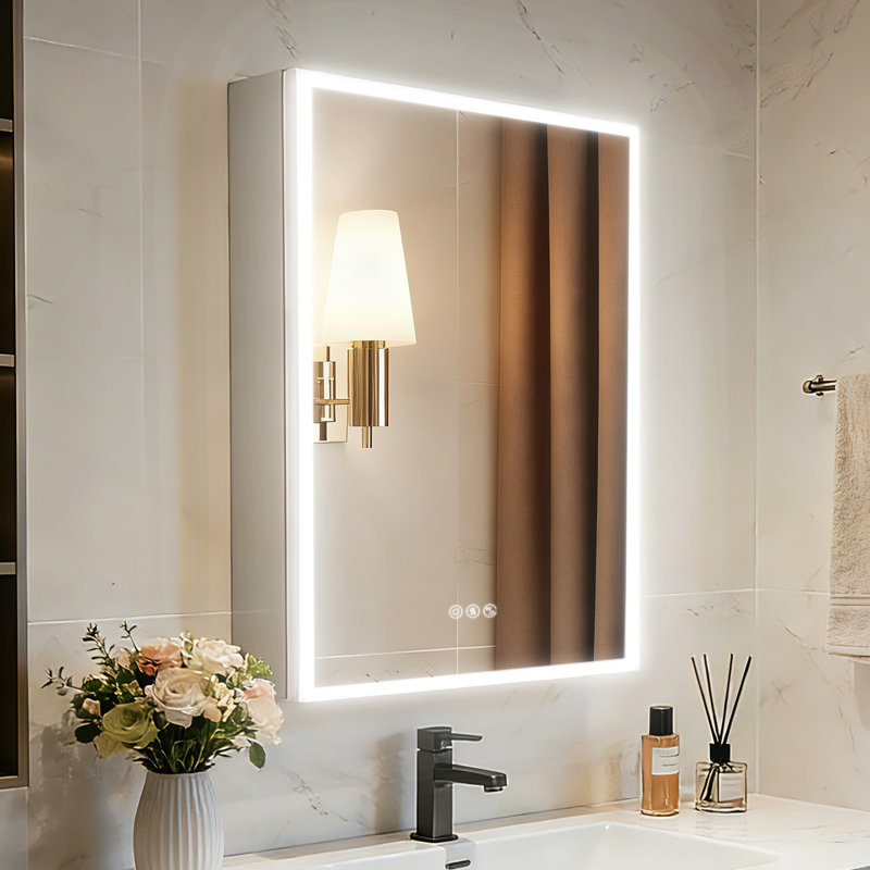 Armoire à pharmacie à DEL pour la salle de bain, deux haut-parleurs Bluetooth, désembuage, éclairage 3 couleurs à intensité variable, rétroéclairé, fonction mémoire, prises de courant, tablettes réglables, verre trempé