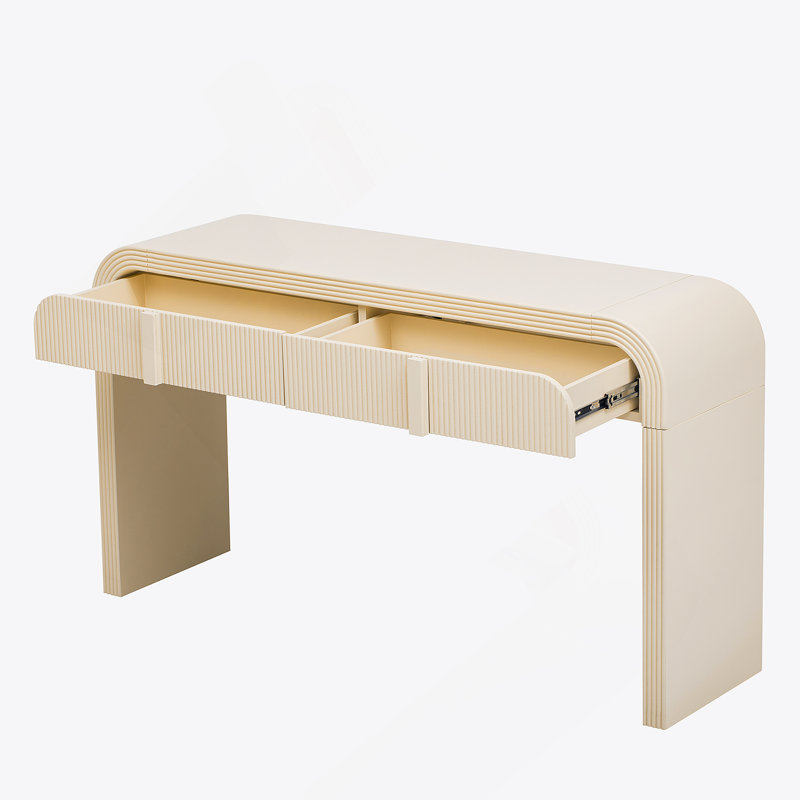 Console unique et élégante avec une silhouette arrondie moderne, une surface lisse et un grand espace de rangement pour tout espace de vie