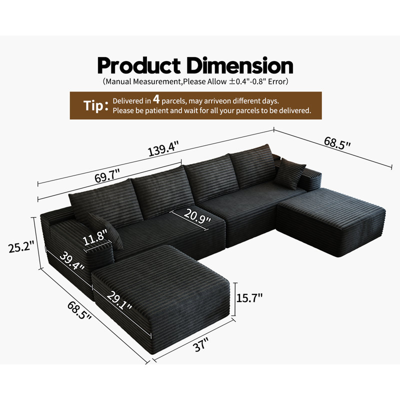 139.4" Modular Sectional Sofa, U-Shaped Minimalist Couches with 2 Ottomans Chaise, Modern Deep Seat Convertible Sleeper Sofa Bed,Cloud Plush Corduroy Fabric, No Assembly Required, 6 Seater