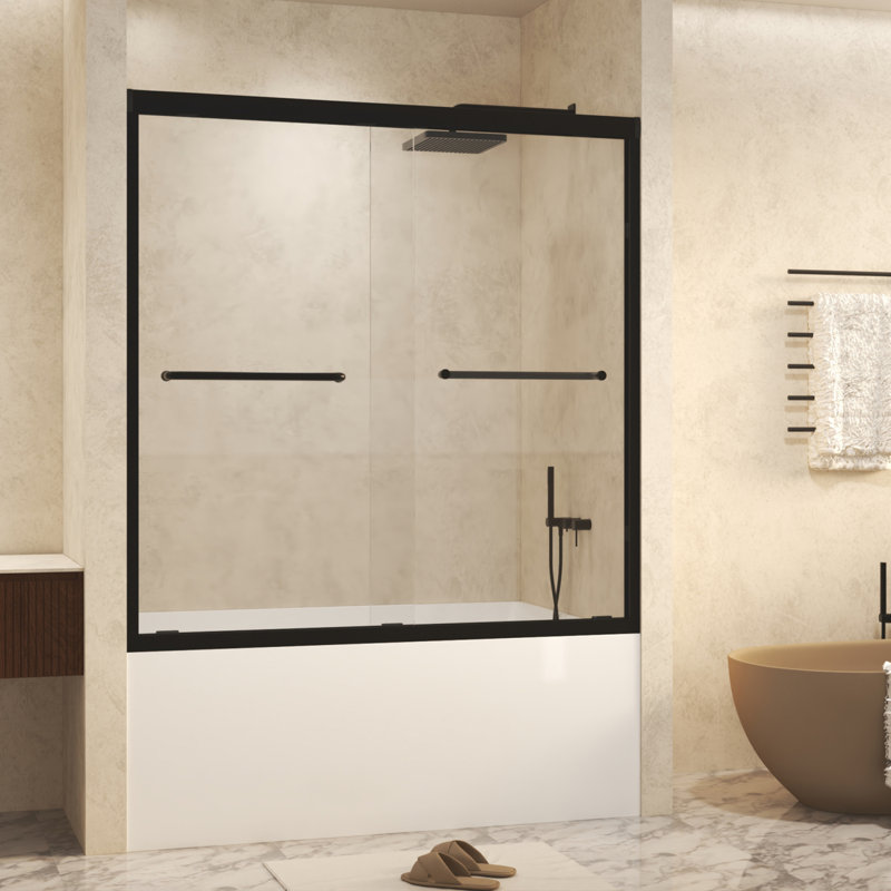 Porte de douche coulissante double en verre trempé l 56 à 60 po x H 60 po avec cadre en aluminium, Noir mat
