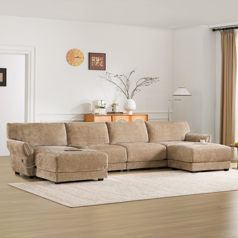 Canapé modulaire de 142 po, forme de U avec coussin de siège extra large, USB et chargeur de type C, Kaki