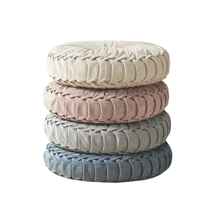 Gray Poly Chenille Round Floor Pillow with Tufted Button