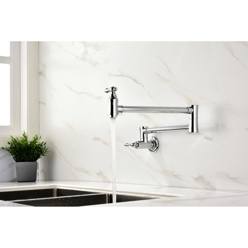 Wall Mount Pot Filler Faucet - Brass Made With Coating, Arm Design For Ease Of Use, Double Handles Accurate Water Management, Fingerprint- Surface Mounted Effortless Filling, Flow Control, Splash-