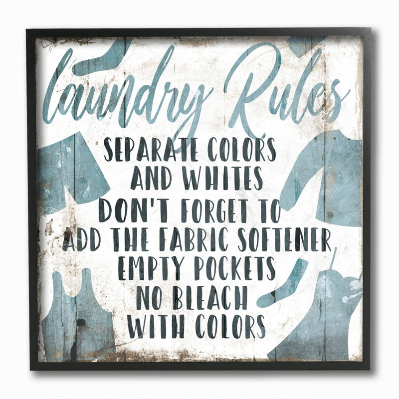 «Laundry Rules Bathroom Wood Textured Word Design», impression sur toile, H 12 po x l 12 po x P 1,5 po, Cadre noir
