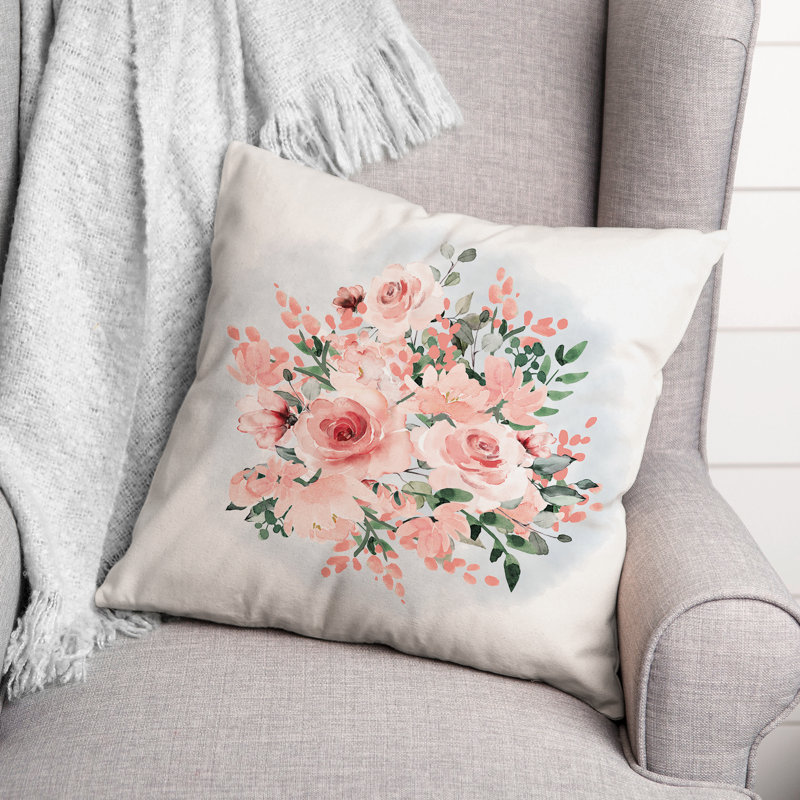 18" Square Pink Bouquet Cotton Throw Pillow
