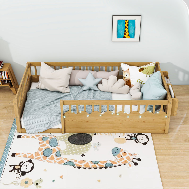 Lit en bois Montessori avec lumière et garde-corps, Naturel, Simple