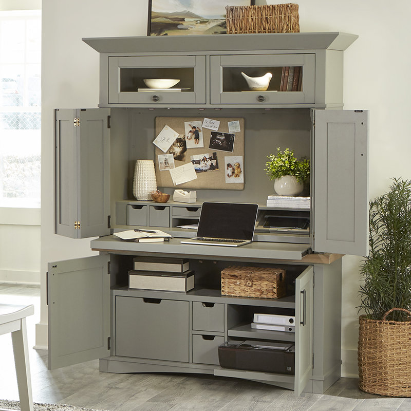 Bureau armoire en bois massif Bankhead, Colombe et naturel patiné