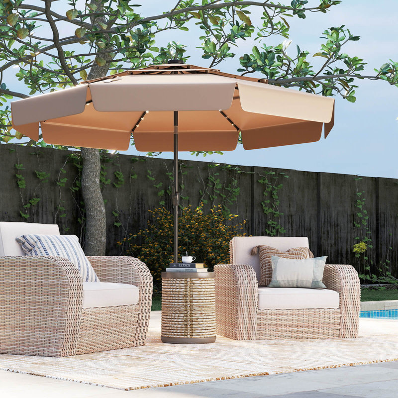 Parasol de patio solaire de 10 pi avec 32 lumières DEL et dessus ventilé à 3 niveaux, Brun