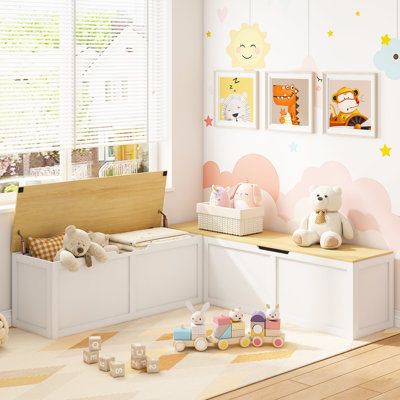 Banc de rangement à angle droit avec beaucoup de rangement, idéal pour les coins, la fonction de table à manger et à intégrer, système de support en métal bicolore blanc et bois, peut être ajusté à différentes occasions