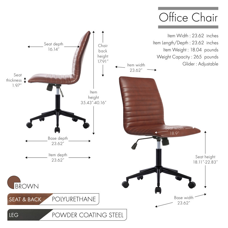Barnhard Faux Leather Armless Task Chair with Steel Roller Base, Brown
