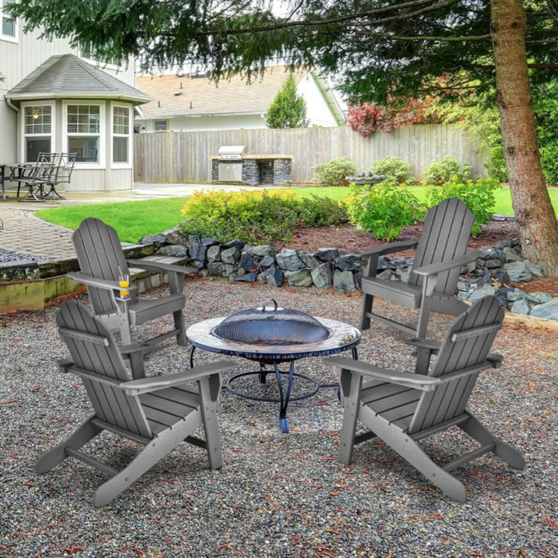 Outdoor Adirondack Chair With Built-In Cup Holder For Backyard Porch, Gray