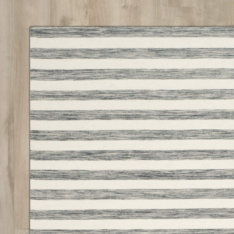 Waukena Hand Woven Flat Weave Wool/Cotton Striped Rug in Ivory/Grey, Runner 2'6" x 10'