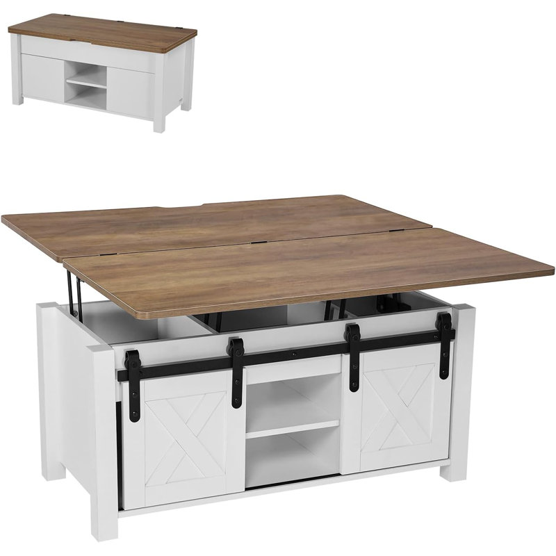 Lift-Top Coffee Table, Rustic Centre Table With Barn Door & Hidden Storage, Modern Rectangle Design – Brown