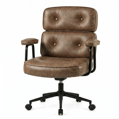 Faux Leather Button Tufted Task Chair, Office Swivel Chair with Padded Armrests