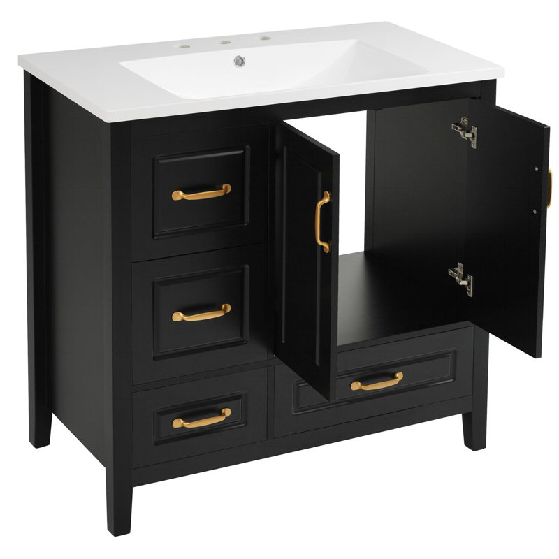 Meuble-lavabo 36 po avec lavabo, une armoire, quatre tiroirs à fermeture en douceur et poignées en métal noires, Noir