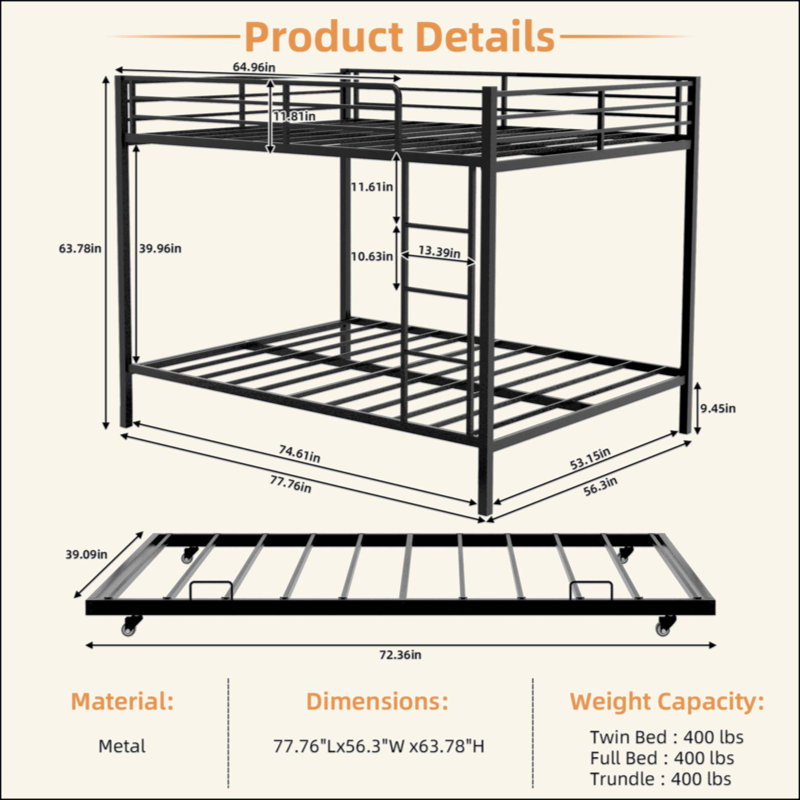 Lit superposé en fer carré durable avec des rails de sécurité, un look minimaliste moderne, idéal pour une chambre d'enfant, une chambre d'amis ou un espace commun, un assemblage facile et une performance durable