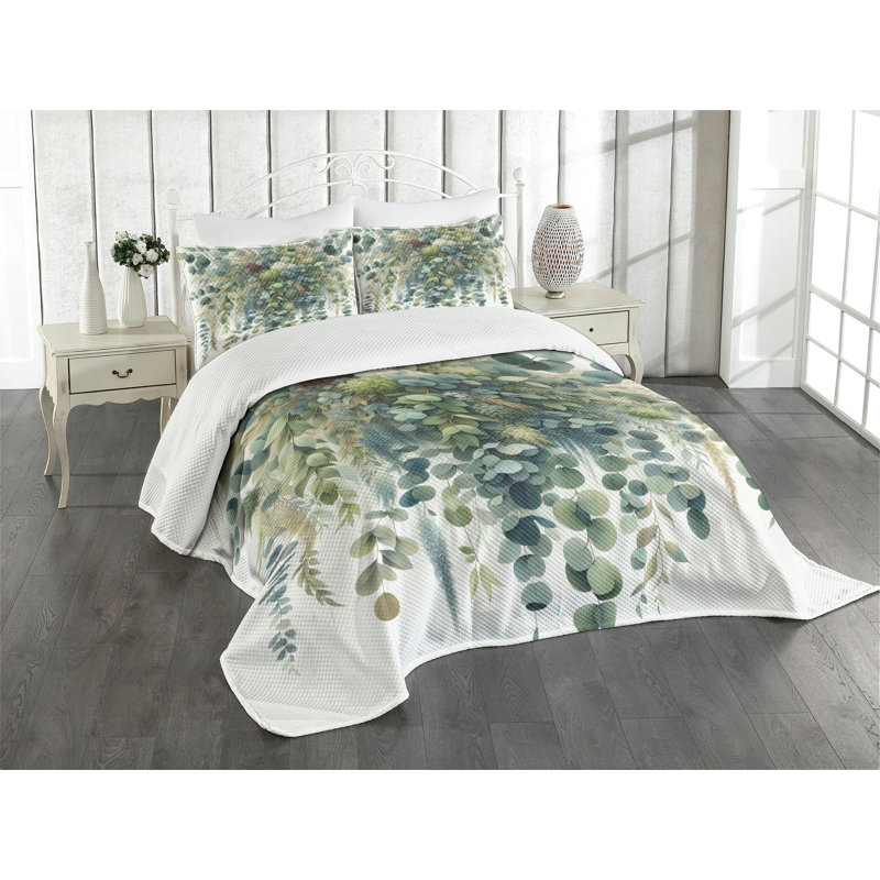 King Blue Botanical Watercolor Quilted Bedspread Set