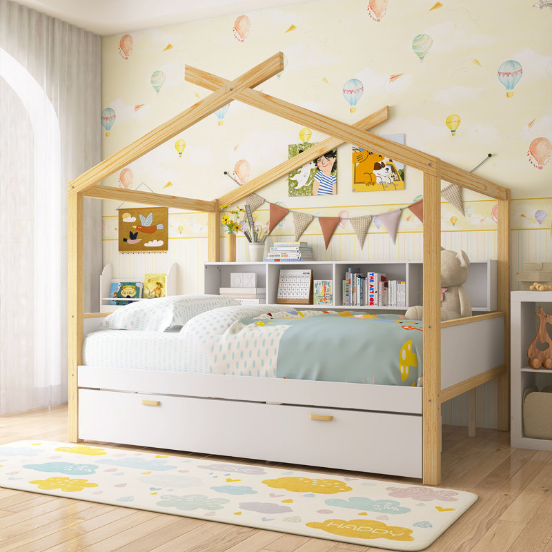 Lit en bois pour maison - Structure en bois avec couchette et bibliothèque