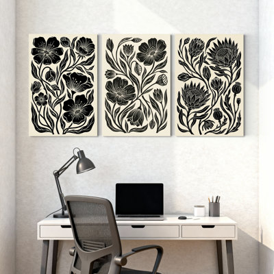 Plantes et fleurs, ensemble de 3 impressions sur toile à motif floral noir et blanc