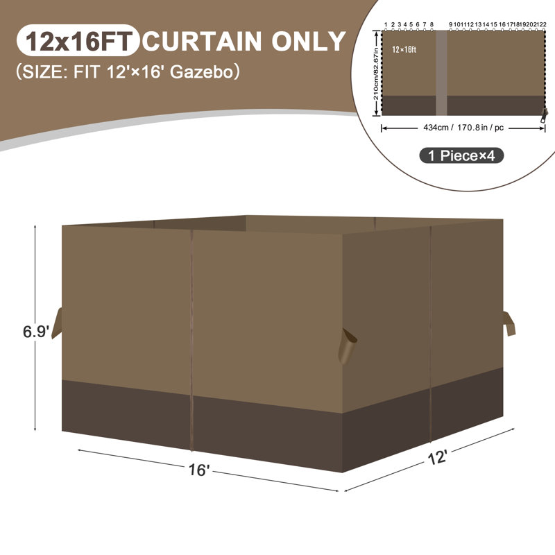 Aoodor Replacement 4-Panel Gazebo Sidewall Curtains, 82.7" H x 144" W x 192" D, Light Coffee and Coffee