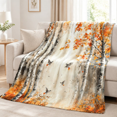 Couverture en flanelle aquarelle avec imprimé bouleau et oiseaux - feuilles d'automne, orange vif et beige, douce, légère, respirante, toutes saisons, lavable à la machine, décorative, pour canapé, canapé, chambre à coucher de salon