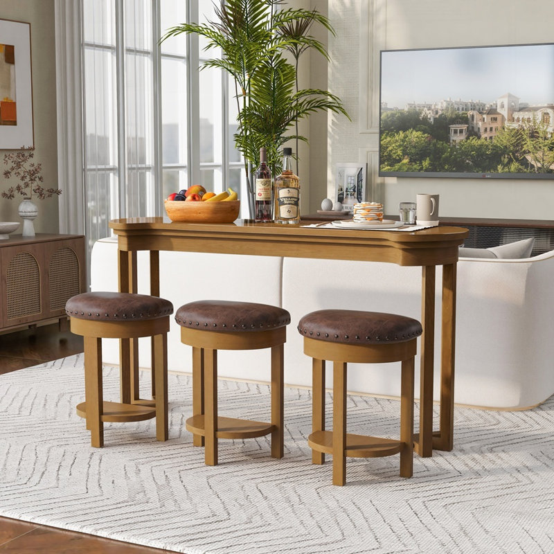 Ensemble de table de bar en bois massif avec 3 tabourets, finition en placage naturel, conception peu encombrante pour les petites cuisines et les salons.
