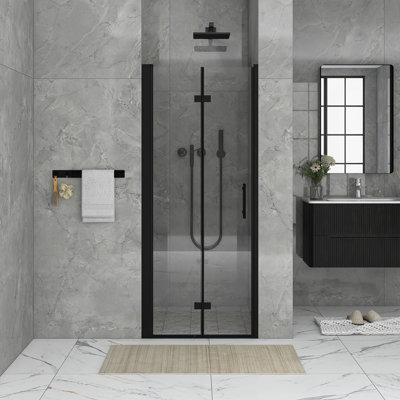32 po X P 72 po H Porte de douche semi-cadrée pliante en H noir mat avec verre trempé transparent