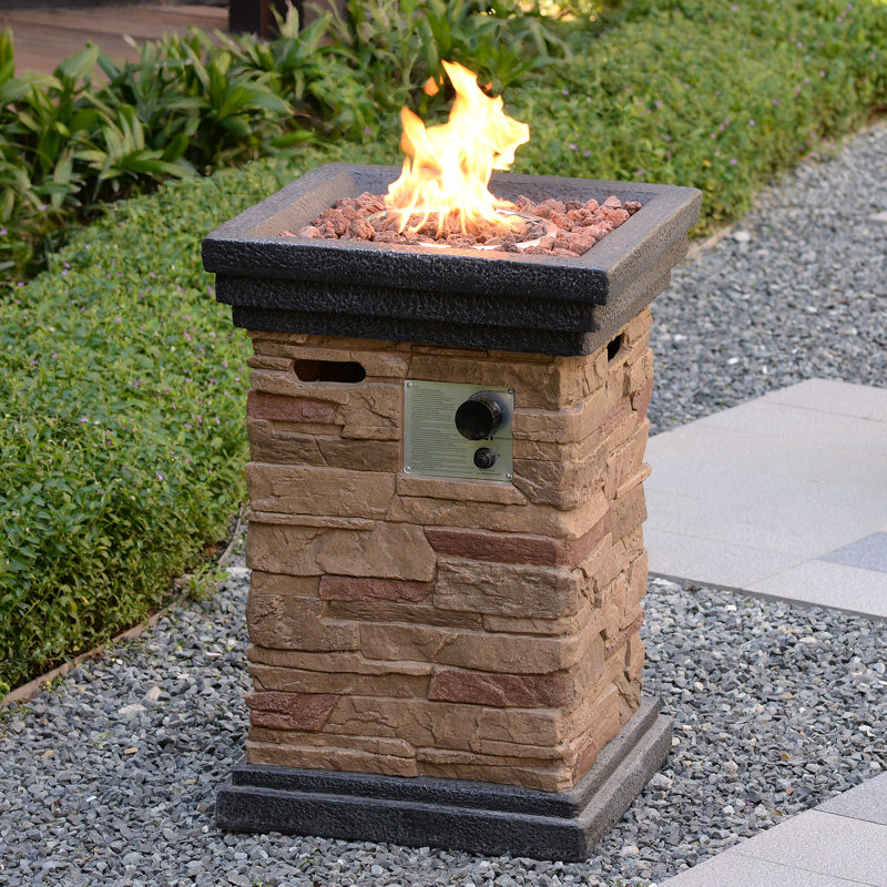 Addysyn 20" Outdoor Propane Gas Fire Pit with Faux Stone Finish, 40,000 BTU Burner, Lava Rocks, and Cover – Square Steel Base Patio Heater