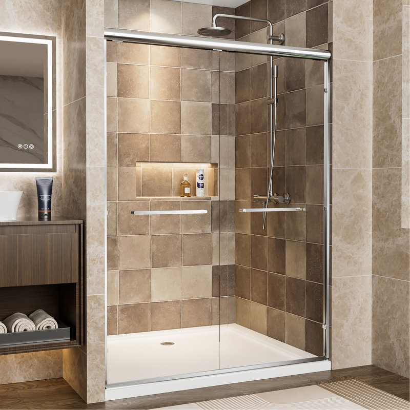 50"-54" W x 72" H Chrome Aluminum Frame Double Sliding Shower Door, 1/4" (6mm) Clear Tempered Glass With Explosion-proof Film, Dual Stainless Steel Handles