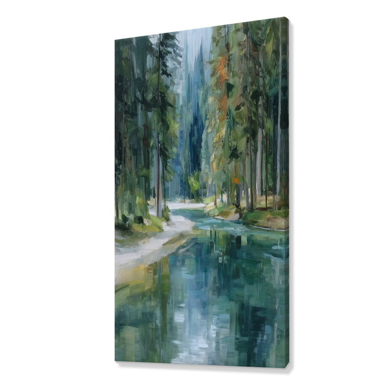 «Pine Trees Fraser River Calming Current», art sur toile, paysage vert, H 60 po x l 28 po, Toile tendue, Ne s’applique pas