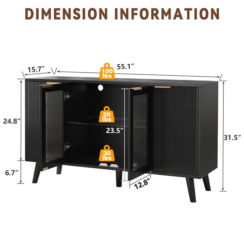 Buffet de cuisine cannelé moderne 55,1 "avec lumières DEL, tablettes réglables