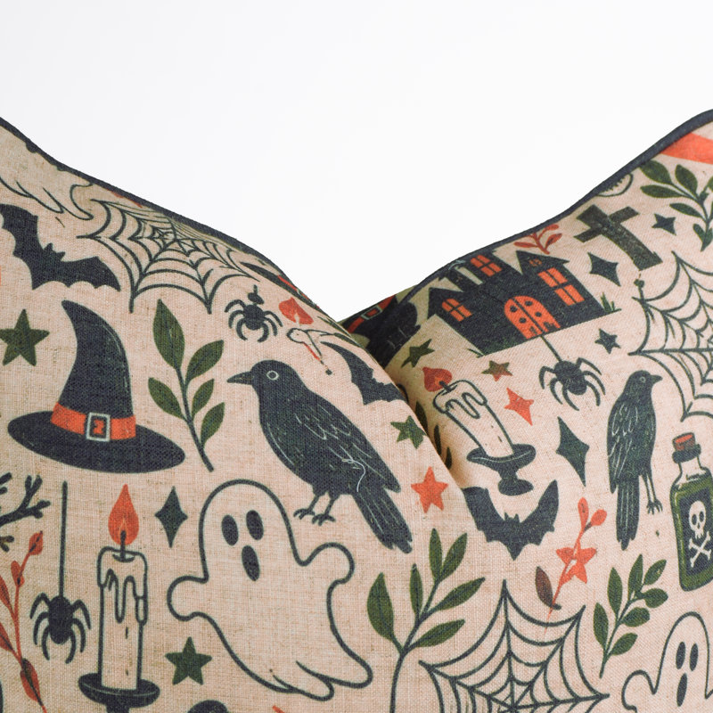 Housse de coussin décorative Boo Mix Halloween en lin mélangé avec passepoil, imprimé numérique festif et fermeture éclair invisible