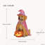 Statue de Golden Retriever d'Halloween avec chapeau de sorcière et citrouille lumineuse DEL