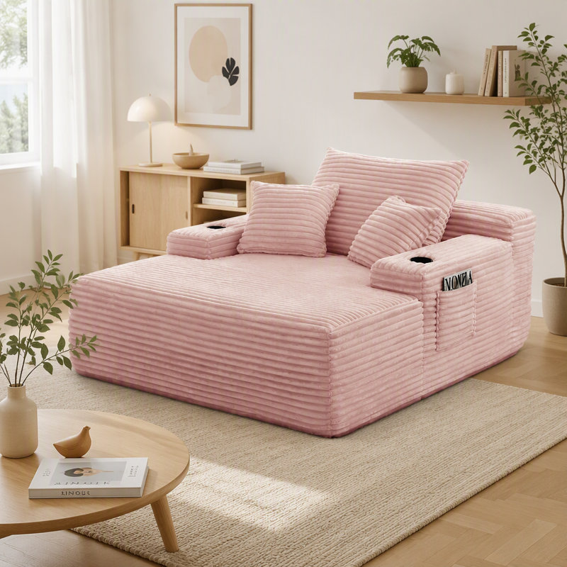Chaise longue convertible en peluche rose | Canapé-lit sans dossier avec grands accoudoirs | Coussins décoratifs avec porte-gobelet | Aucun assemblage requis pour le salon ou la chambre