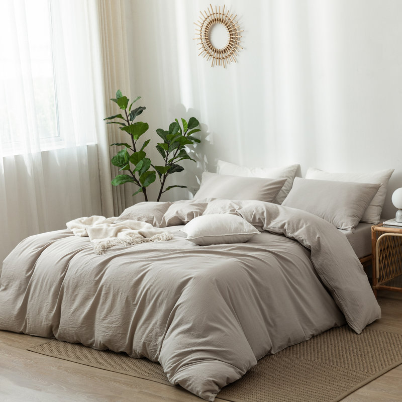 Super King Cream Gray Linen-Like Cotton Duvet Cover Set